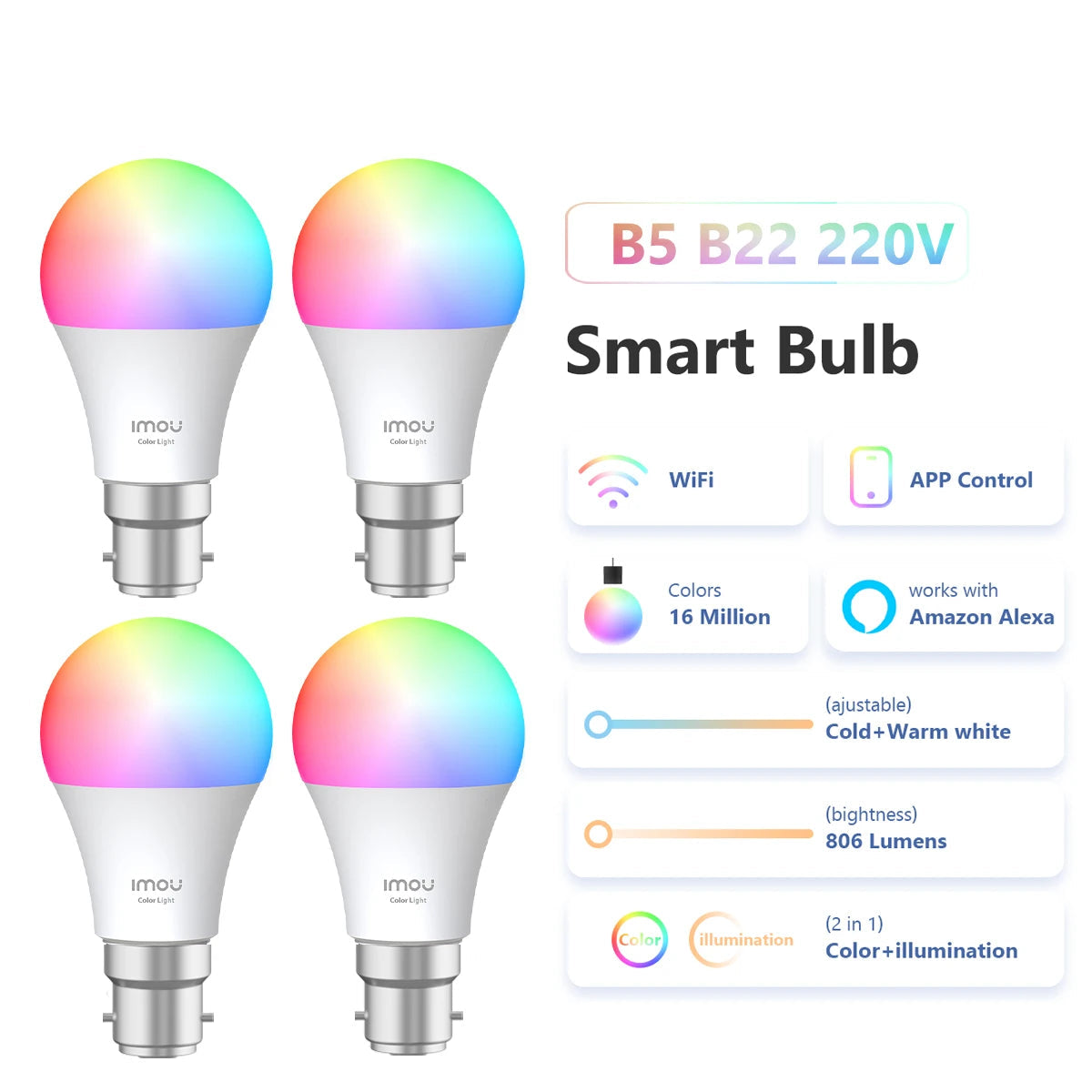 B22 LED-Glühbirne 9W RGB IMOU Smart Glühbirne Wifi ohne Bridge ...